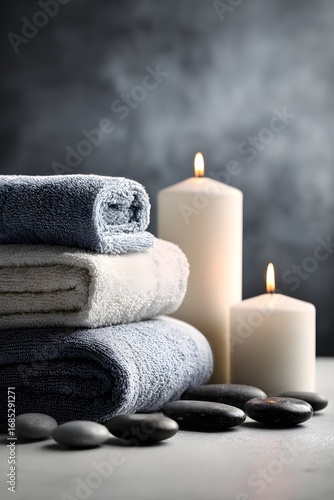 Health and wellness. A photograph of candles, towels, and hot stones for a SPA. 