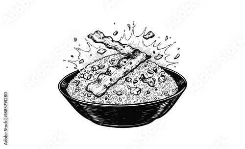 Cartoon bowl of bacon and granola splashing with milk in black and white. Vector retro hand drawn illustration