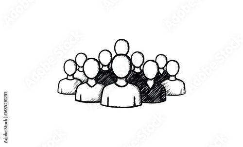 Black and white sketch of diverse group of female and male figures standing together. Vector retro hand drawn illustration