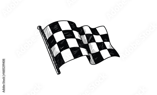 Black and white checkered racing flag illustration. Vector retro hand drawn illustration