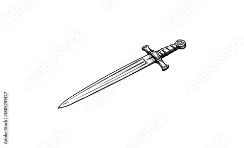 Medieval dagger with crossguard and intricate detailing. Vector retro hand drawn illustration