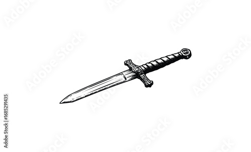 Detailed vintage dagger with intricate handle design. Vector retro hand drawn illustration