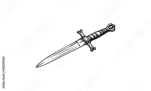 Intricate vintage dagger illustration with detailed hilt and blade. Vector retro hand drawn illustration