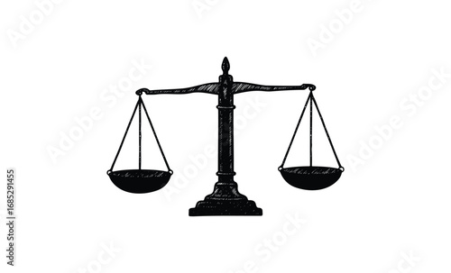 Vintage black and white justice scales illustration of balance and equality. Vector retro hand drawn illustration