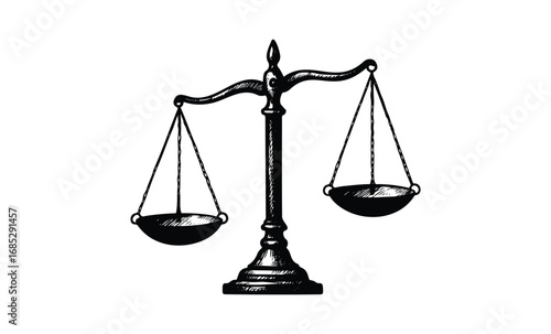 Hand-drawn vintage balance scales illustration in black and white. Vector retro hand drawn illustration