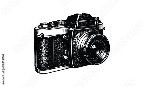 Vintage black and white camera illustration with detailed design. Vector retro hand drawn illustration