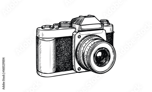 Hand-drawn vintage camera sketch with detailed lens and buttons. Vector retro hand drawn illustration
