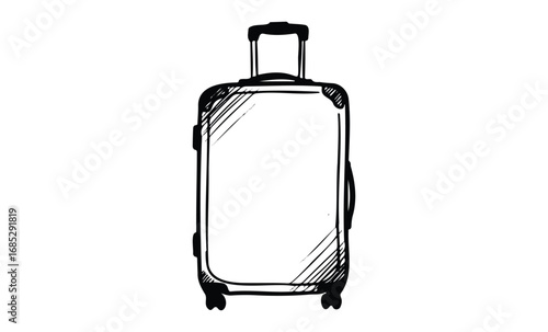 Black and white sketch of a wheeled suitcase with handle. Vector retro hand drawn illustration