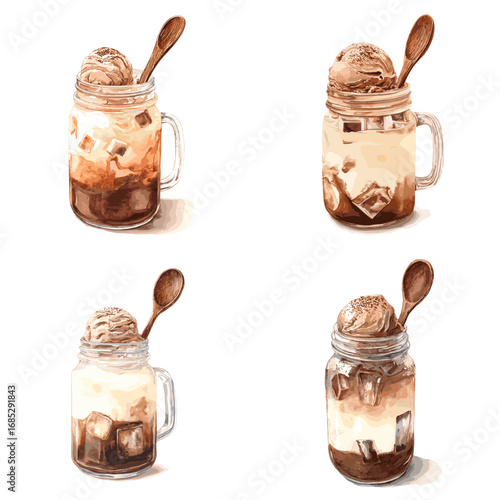 Watercolor dessert in a glass jar illustration with ice cream, chocolate, and spoon. Ideal for cafe menu design, posters, packaging, and culinary branding.