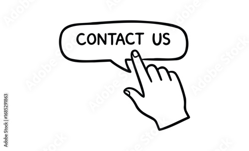 Hand pointing to contact us speech bubble icon for communication concept. Vector retro hand drawn illustration