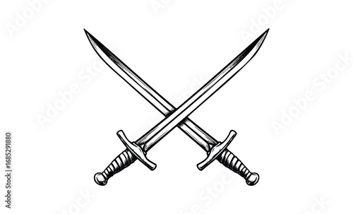 Crossed medieval swords drawing. Vector retro hand drawn illustration
