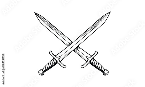 Black and white crossed swords illustration. Vector retro hand drawn illustration
