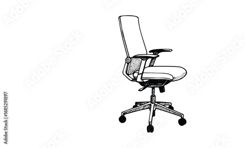 Black and white sketch of ergonomic office chair with adjustable armrests and wheels. Vector retro hand drawn illustration