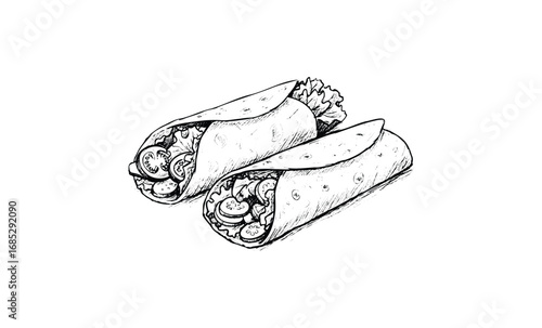 Hand-drawn burritos with vegetables and chicken in monochrome sketch style. Vector retro hand drawn illustration