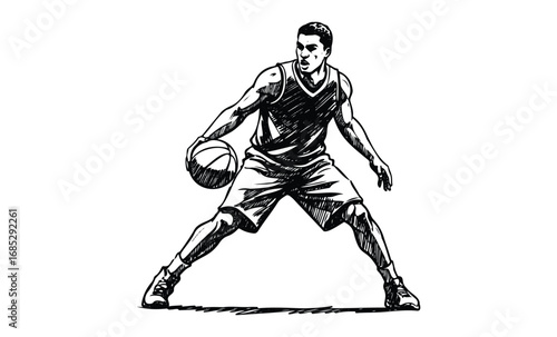 Male basketball player dribbling ball sketch black and white illustration. Vector retro hand drawn illustration