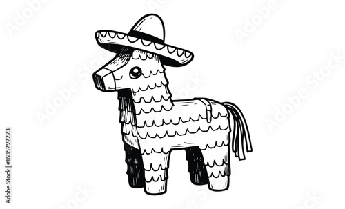 Black and white illustration of a festive piñata with a sombrero. Vector retro hand drawn illustration