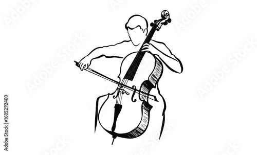 Line art of musician playing cello with passion and precision. Vector retro hand drawn illustration
