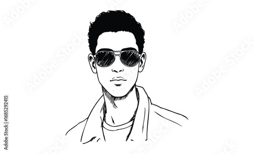 Young african male in sunglasses illustration: modern style and cool attitude. Vector retro hand drawn illustration