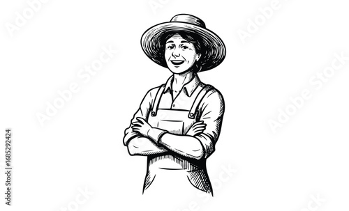 Smiling caucasian female adult farmer in apron and hat with arms crossed. Vector retro hand drawn illustration