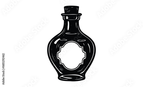 Vintage glass bottle with blank label and cork stopper in black and white illustration. Vector retro hand drawn illustration