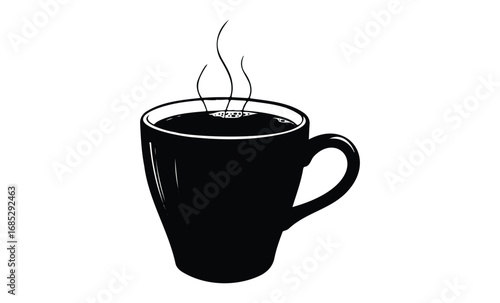 Simple black and white illustration of a steaming coffee mug. Vector retro hand drawn illustration