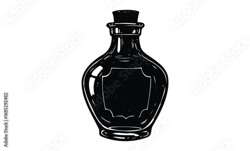 Vintage glass bottle with cork stopper black and white sketch. Vector retro hand drawn illustration