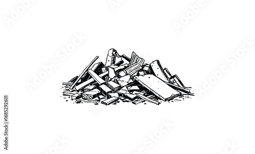 Monochrome rubble pile with concrete and wood debris. Vector retro hand drawn illustration