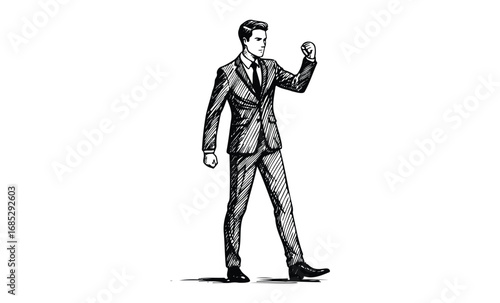 Confident caucasian young male in suit sketching a powerful gesture. Vector retro hand drawn illustration
