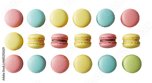 Colorful macarons neatly arranged on a white surface creating a pattern