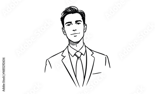 Confident young caucasian male in suit and tie illustration. Vector retro hand drawn illustration