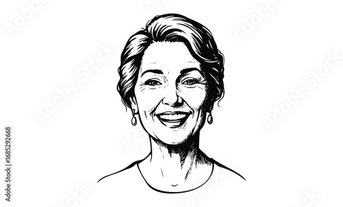 Smiling mature caucasian female portrait in black and white sketch style. Vector retro hand drawn illustration