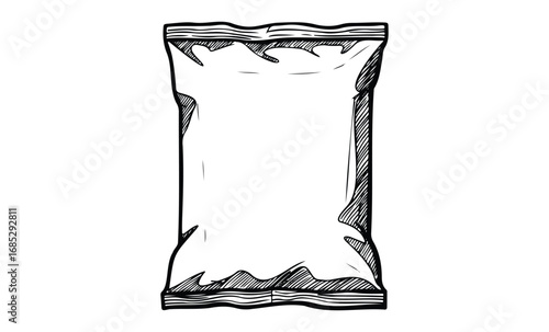Hand-drawn empty snack bag outline with wavy edge design. Vector retro hand drawn illustration