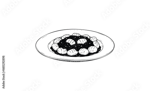Black and white sketch of ravioli on plate. Vector retro hand drawn illustration