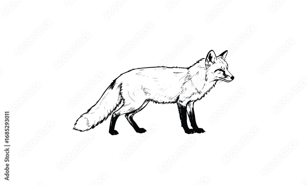 Fototapeta premium Detailed black and white sketch of a standing fox. Vector retro hand drawn illustration