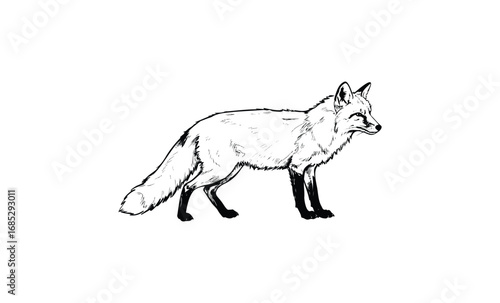 Detailed black and white sketch of a standing fox. Vector retro hand drawn illustration