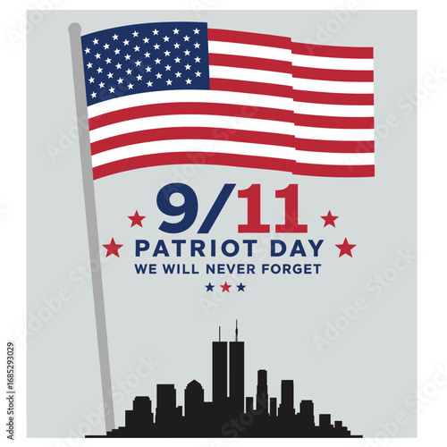 9/11 Patriot Day Remembrance with American Flag and Skyline