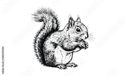Detailed black-and-white illustration of a squirrel holding nut. Vector retro hand drawn illustration