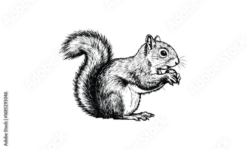 Detailed black and white squirrel sketch eating nut. Vector retro hand drawn illustration