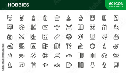 Hobbies Line Icon Set – Professional Minimal Outline Symbols for Leisure Activities, Modern Vector Icons Collection