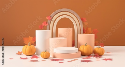 Autumnal arrangement with pumpkins leaves and wooden arch.