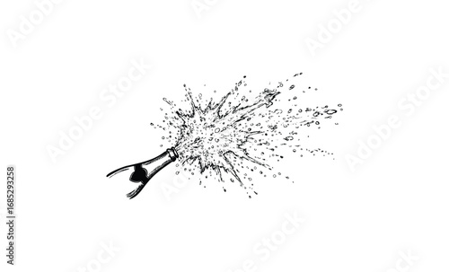 Exploding champagne bottle splashing celebration with bubbles. Vector retro hand drawn illustration