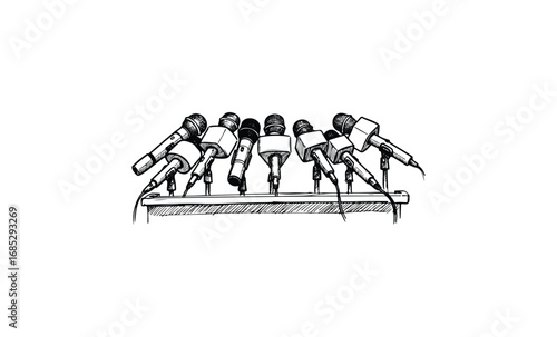 Microphones set up for press conference or media briefing illustration. Vector retro hand drawn illustration