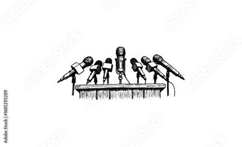 Microphones on podium for press conference or public speaking event. Vector retro hand drawn illustration