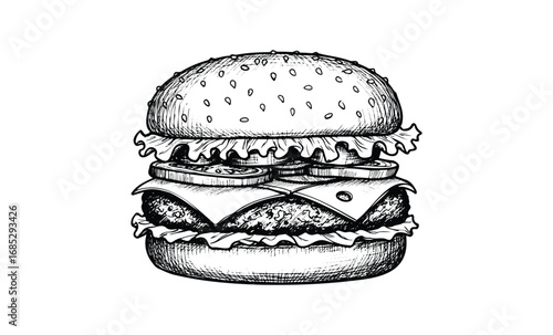 Hand-drawn cheeseburger with lettuce and tomato in black and white. Vector retro hand drawn illustration