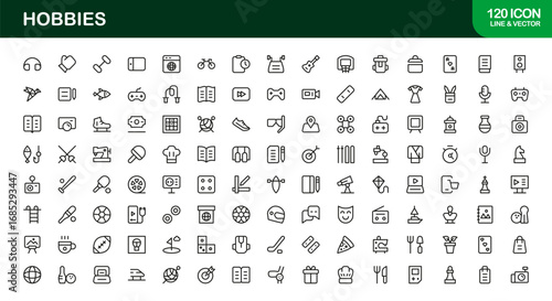 Hobbies Line Icon Set – Professional Minimal Outline Symbols for Leisure Activities, Modern Vector Icons Collection
