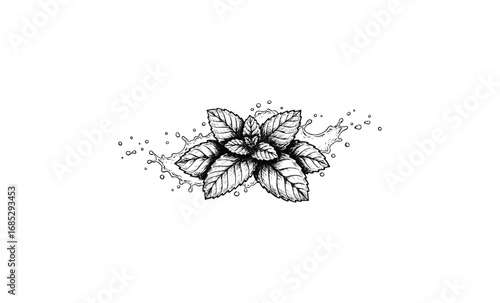Monochrome splash with detailed mint leaves and water droplets. Vector retro hand drawn illustration