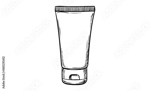 Hand-drawn tube of cream or lotion with cap in black and white sketch style. Vector retro hand drawn illustration