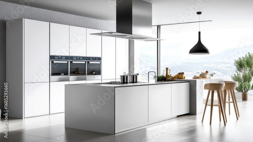 White kitchen with large island, stainless appliances, and modern range hood