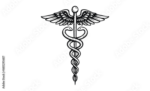 Caduceus symbol: ancient greek mythology, hermes' staff, and healing iconography. Vector retro hand drawn illustration