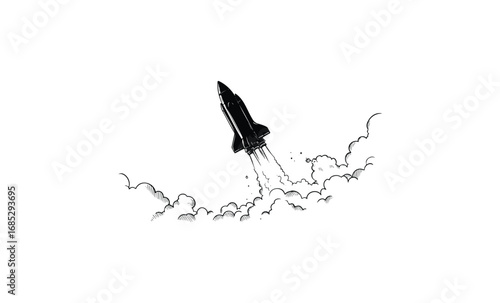 Black and white illustration of rocket launch with clouds and smoke trails. Vector retro hand drawn illustration
